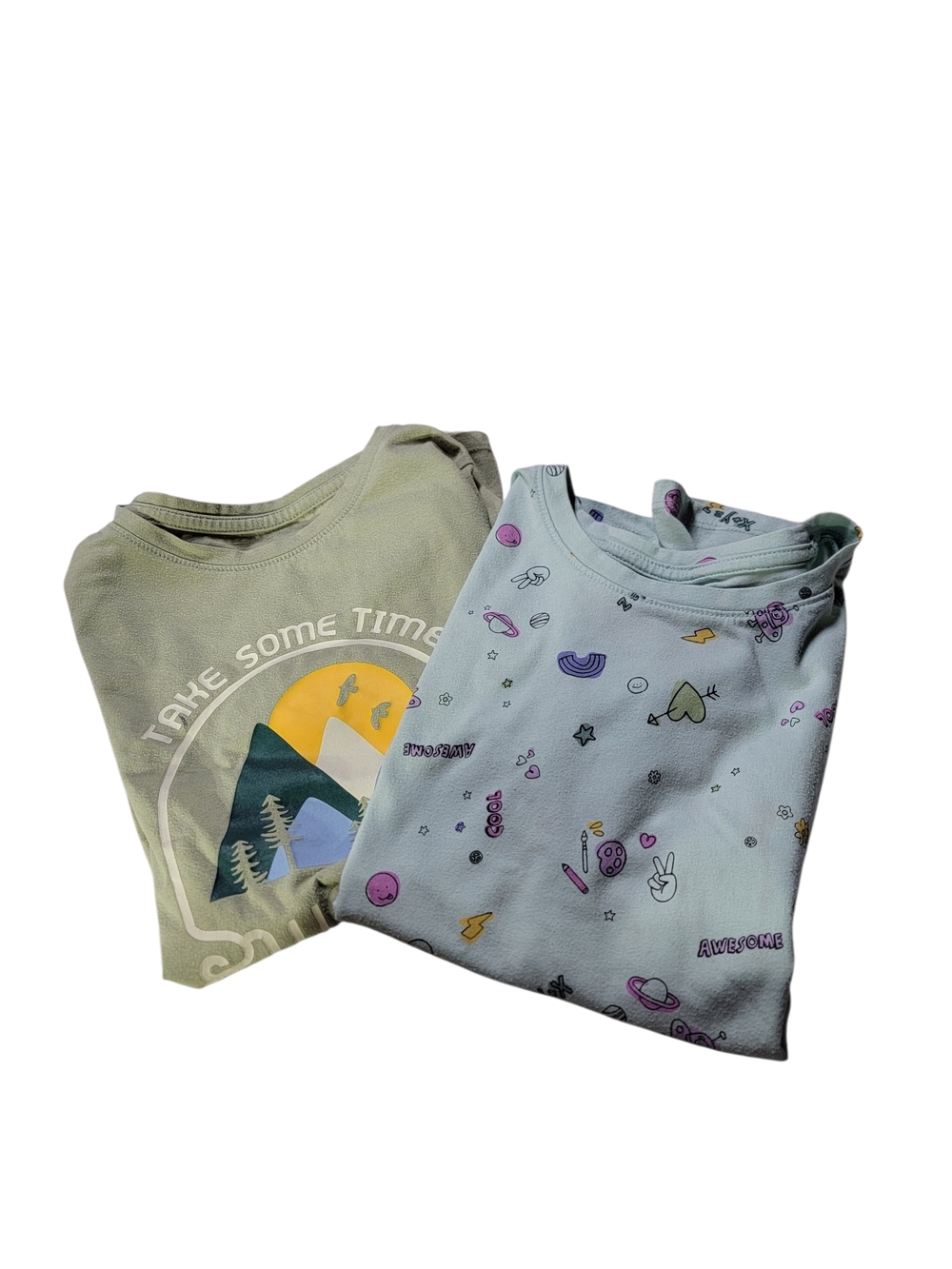 Graphic Casual Tees - Light Olive & Pastel Blue Girls Size 14 (XL)